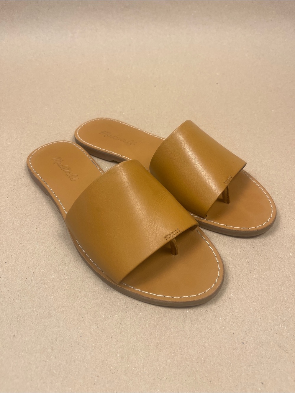 Madewell Tan Leather Slide Sandals Sz 7.5 Coastal Grandmother Style - Picture 2 of 5